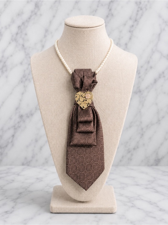 Jewelry - Necktie Necklace | Vintage Tie | Pearl Strand | Heart Brooch |One-Of-A-Kind